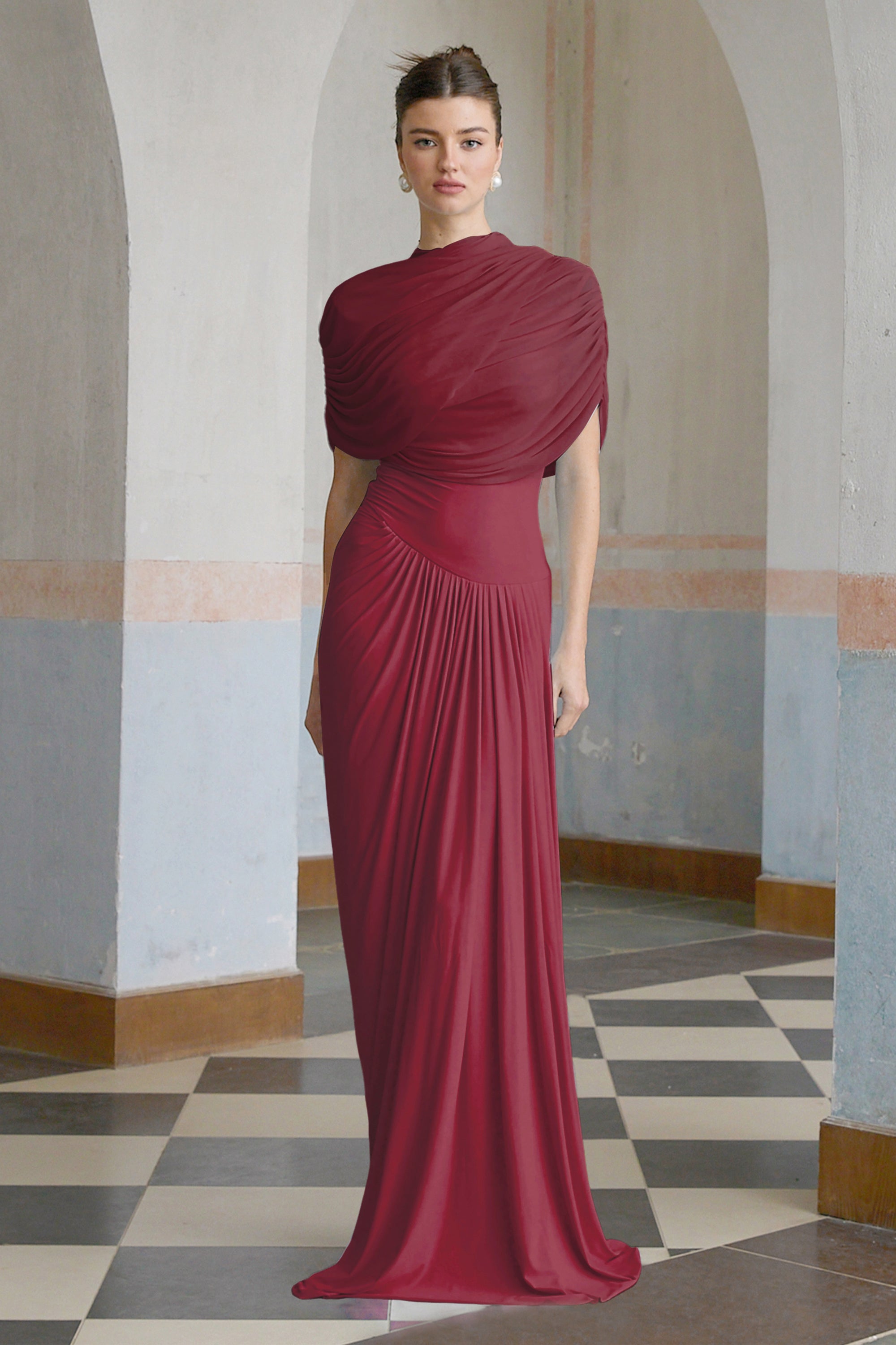 Catherine Asimetrik Plise Uzun Elbise