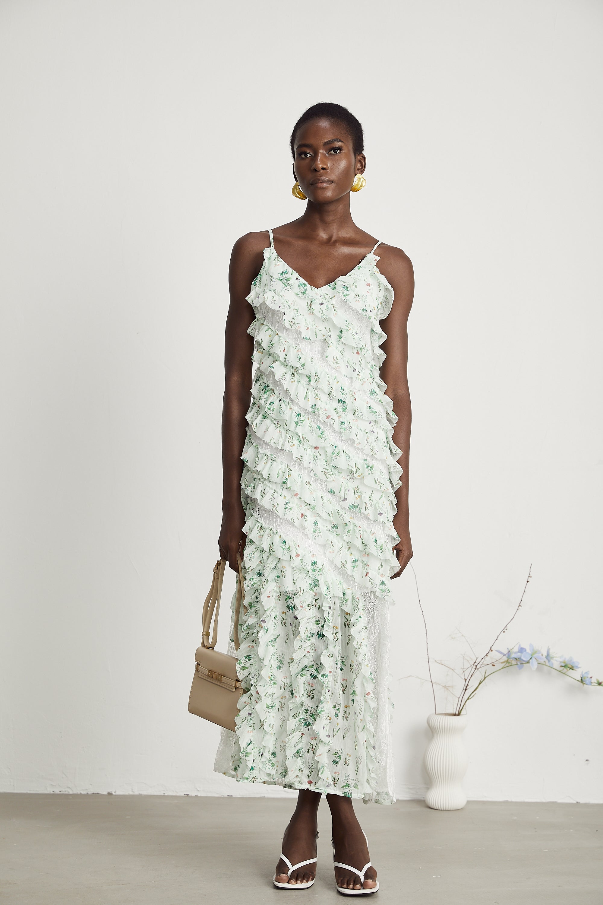 Céleste fırfır midi elbise