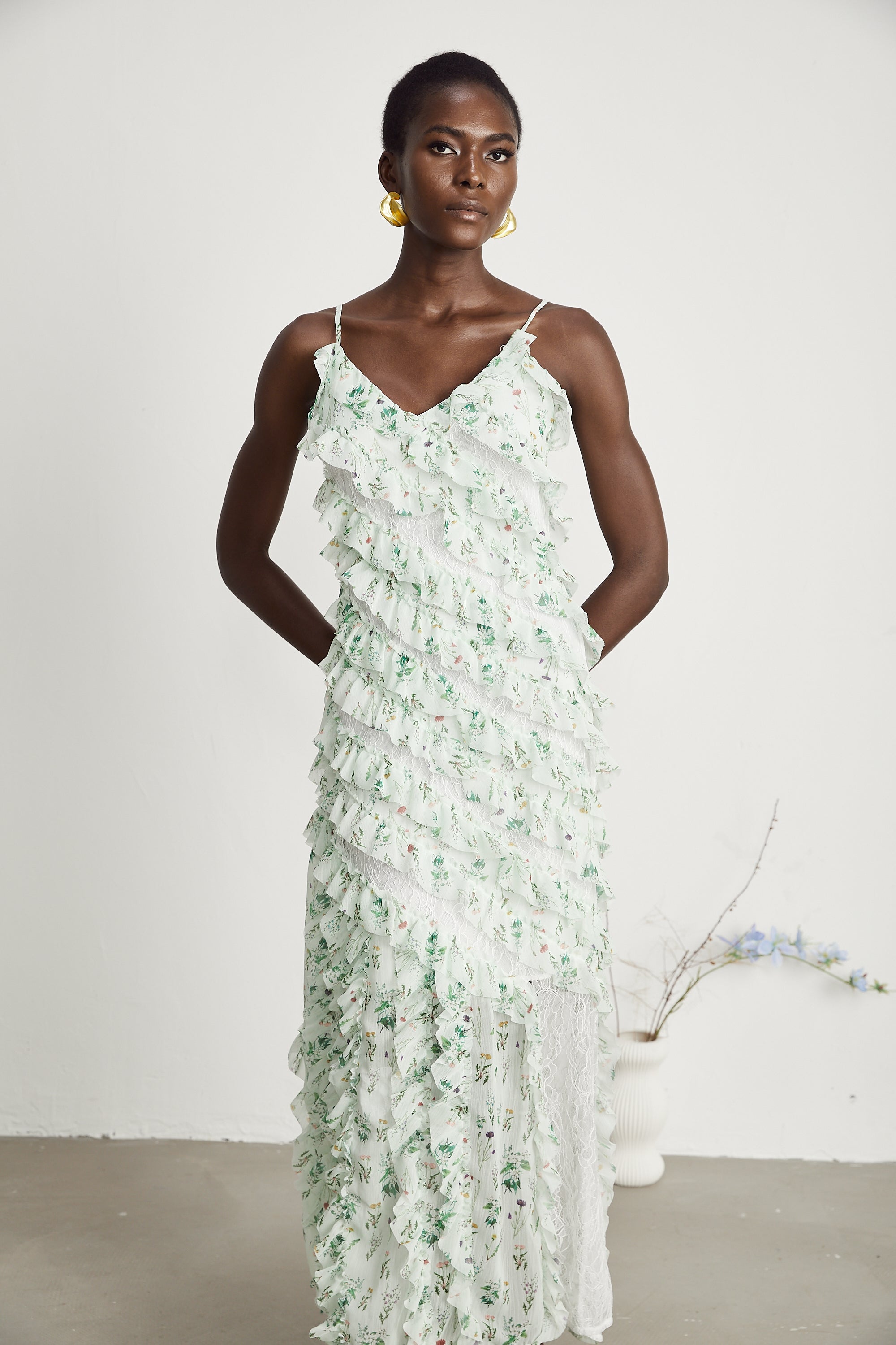 Céleste fırfır midi elbise