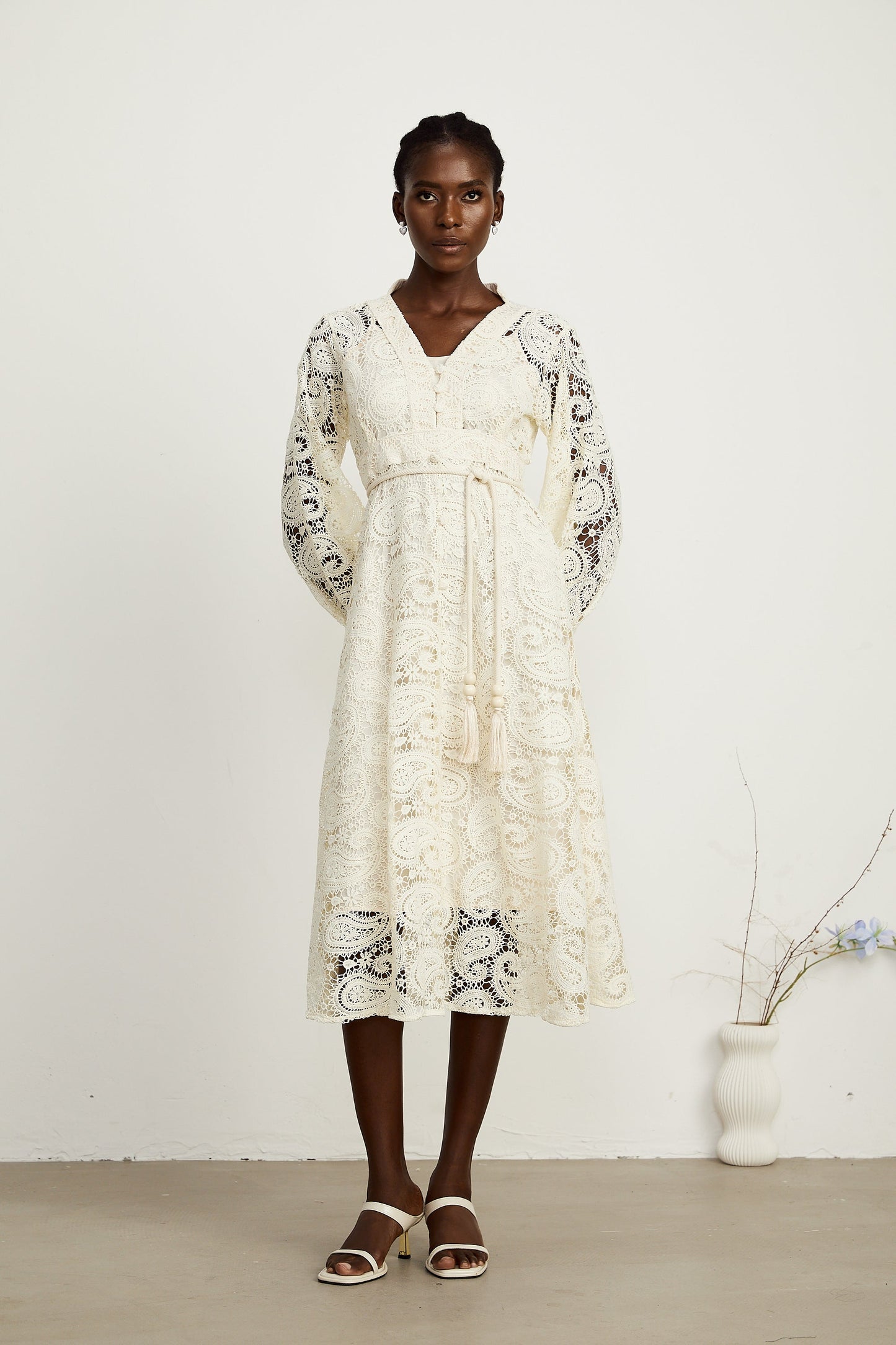 Georgette dantel midi elbise