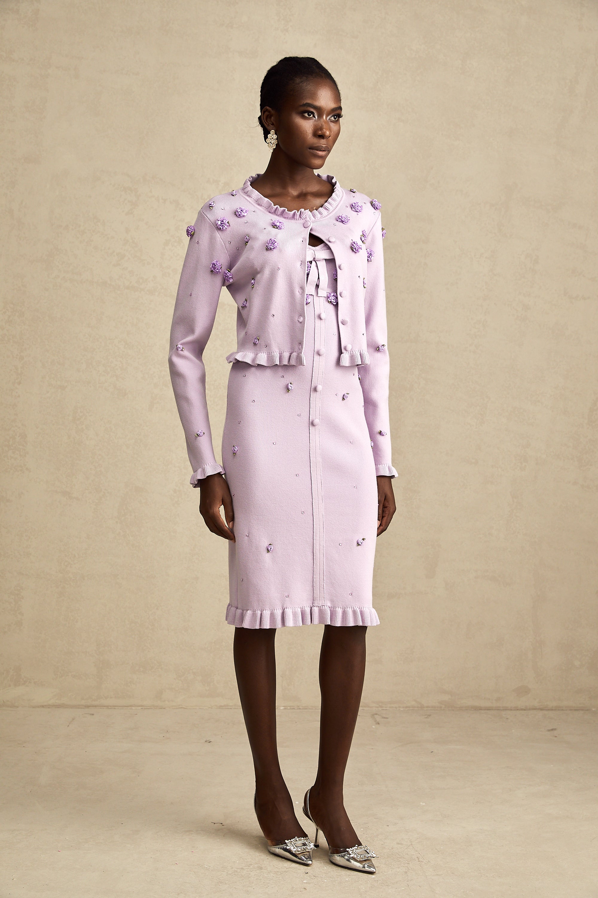 Çiçekli Örme Hırka ve Elbise Takım