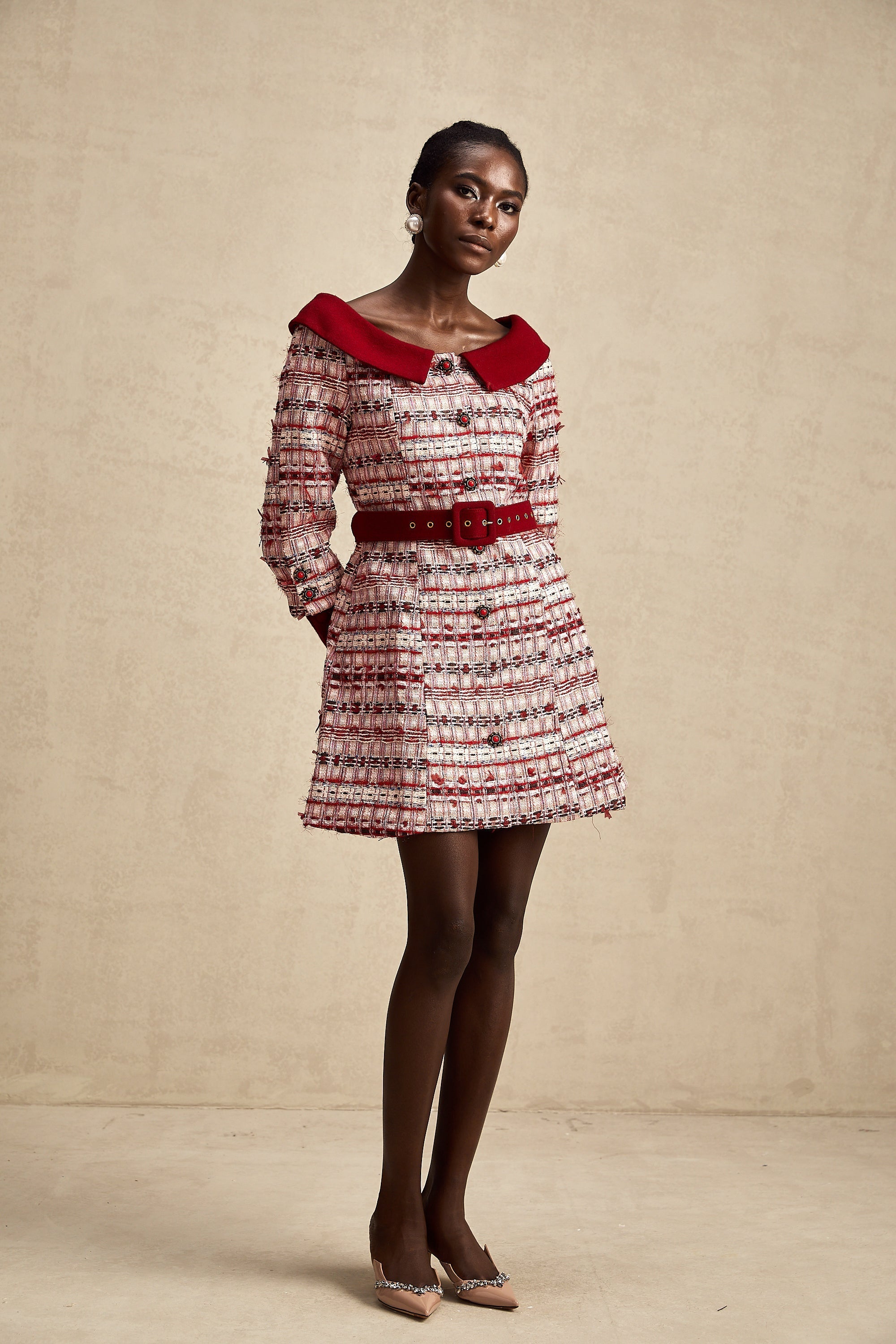 Kırmızı Kareli Tüvit Mini Elbise