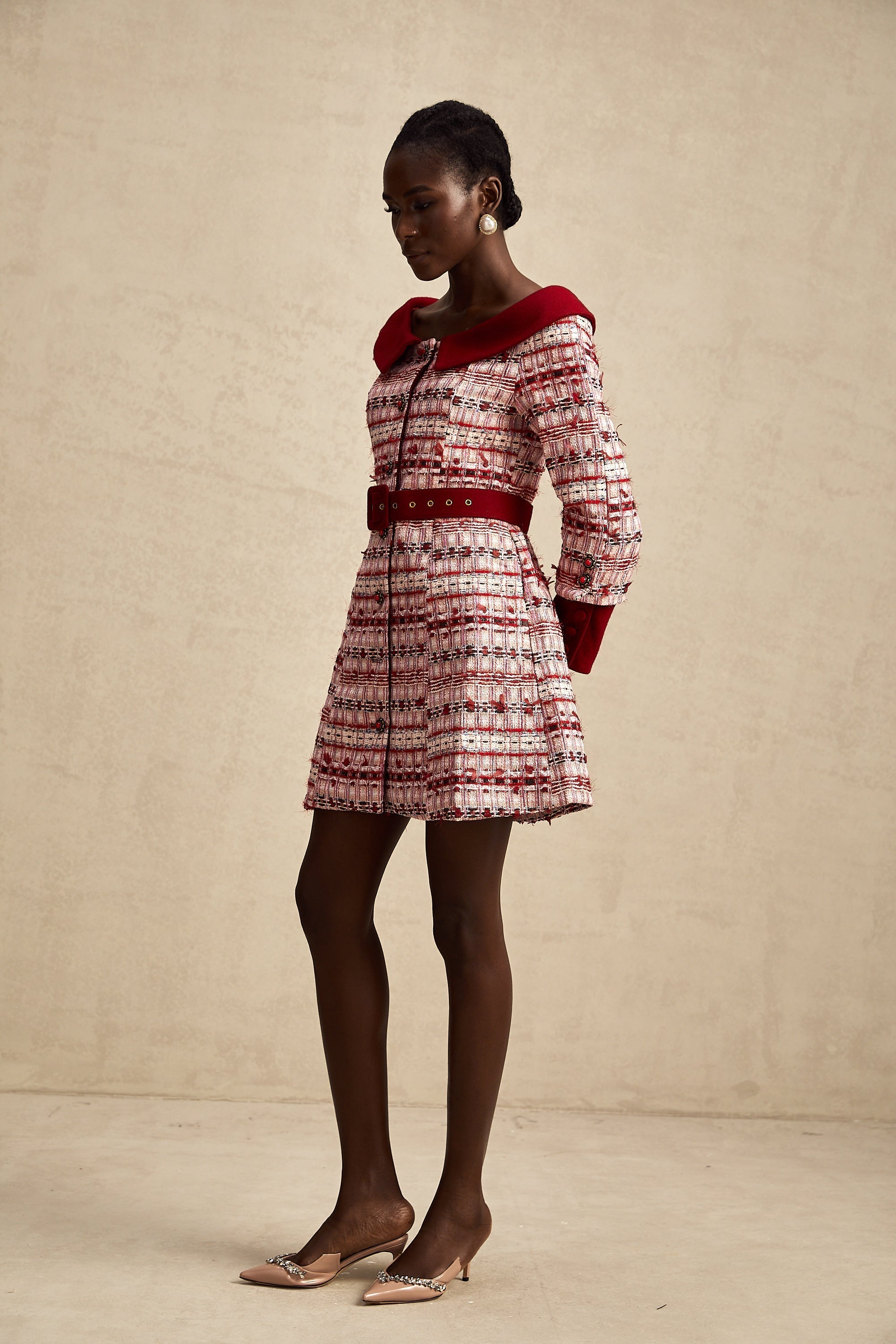 Kırmızı Kareli Tüvit Mini Elbise