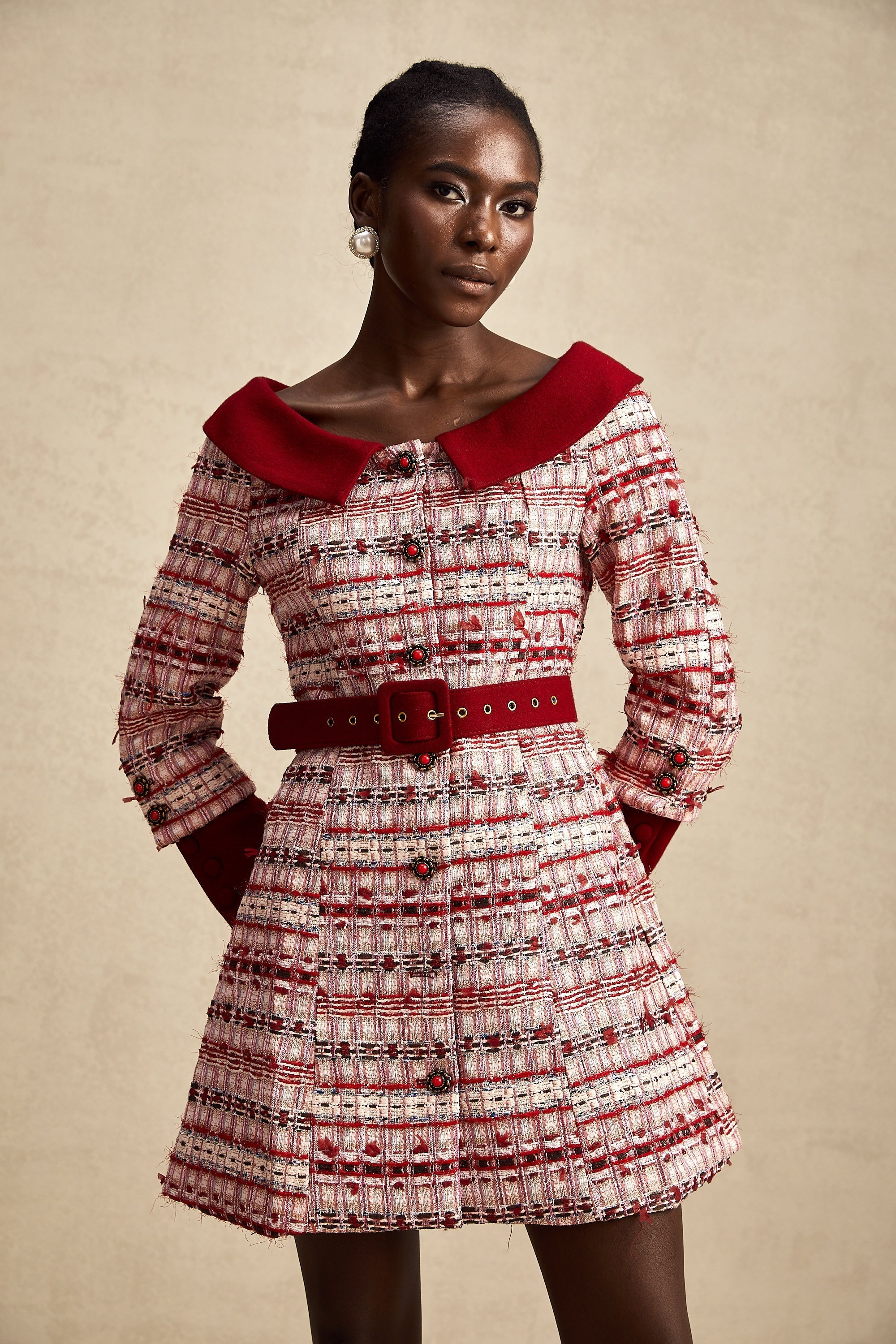 Kırmızı Kareli Tüvit Mini Elbise