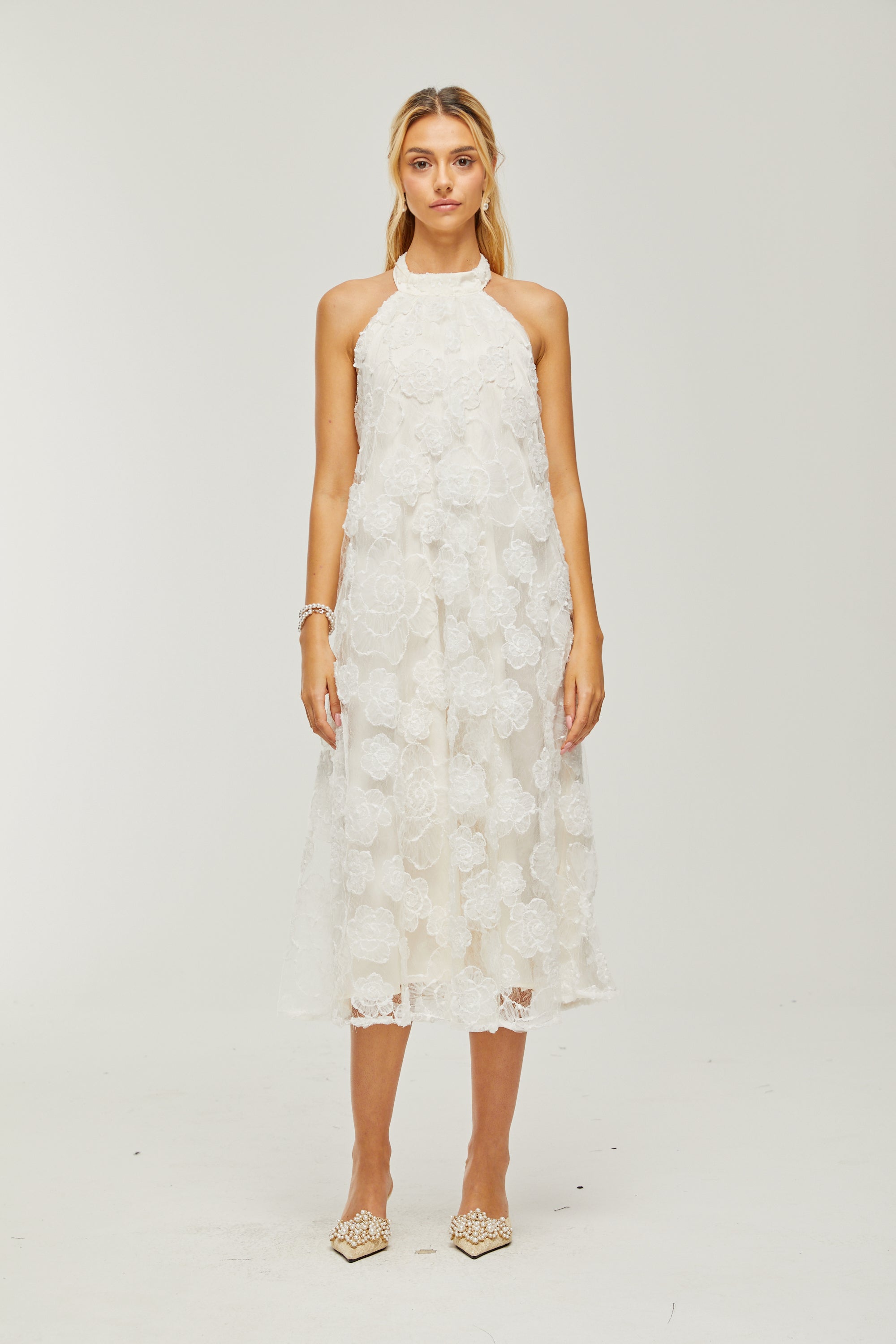 Céleste dantel midi elbise