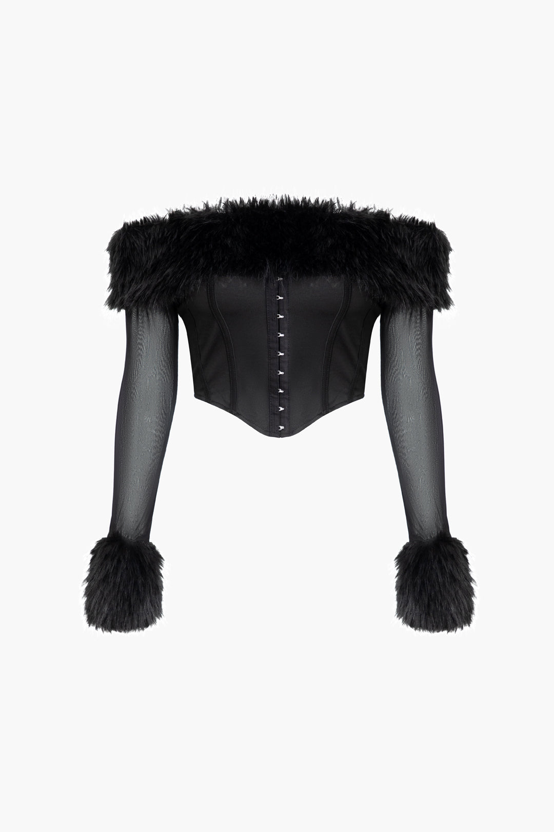Kürk Detaylı Düşük Omuz Korse Crop Top