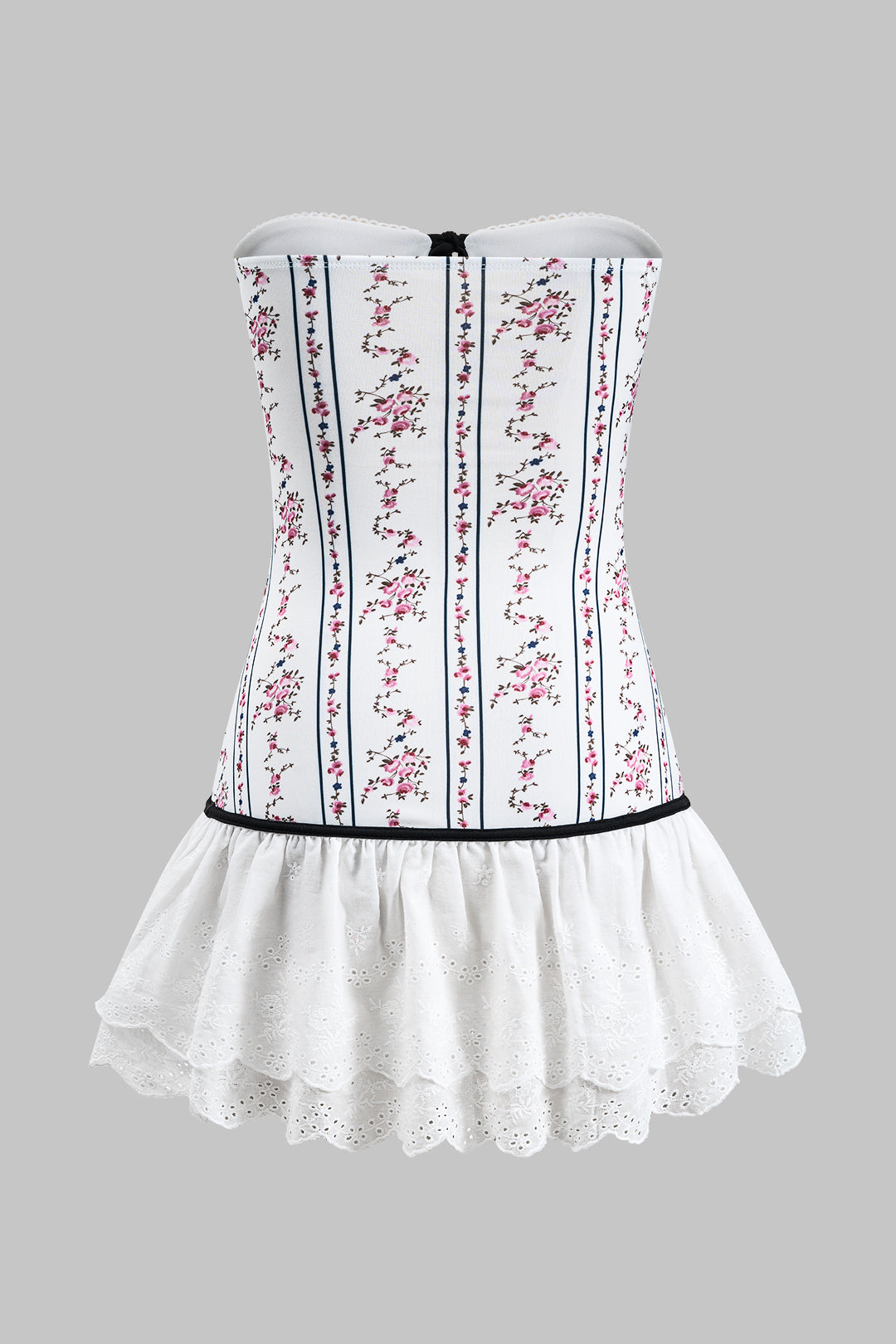 Çiçek Desenli Patchwork Büzgülü Bağcıklı Straplez Mini Elbise