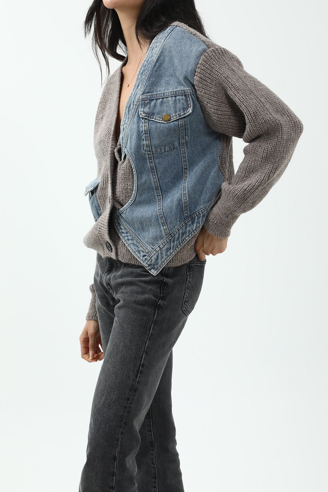 Patchwork Denim Örgü Renkli Blok Düğmeli Asimetrik Cepli Hırka