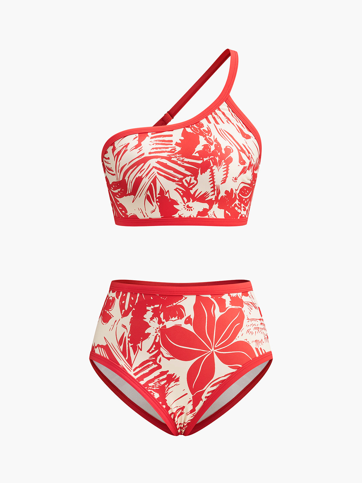 Tek Omuz Tropikal Desenli Bikini Takımı