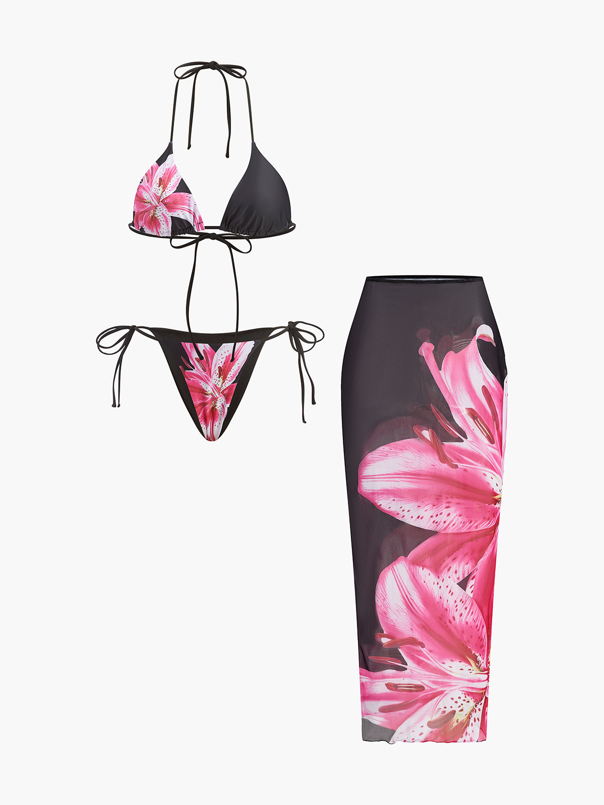 Çiçek Desenli Bikini ve Mayo Eteği Pareo Takım