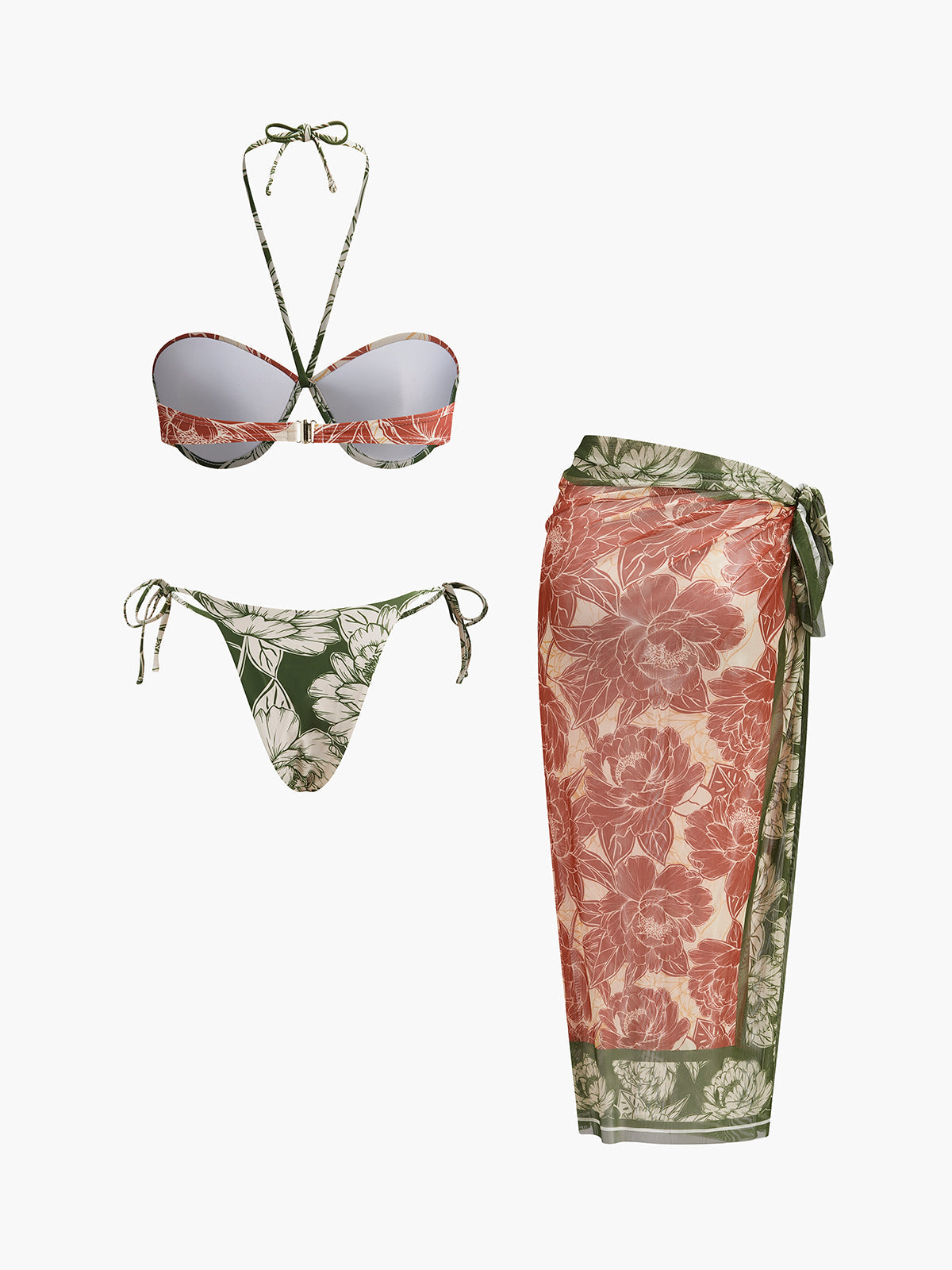 Çiçek Desenli Yan Bağlamalı Bikini ve Mayo Eteği Pareo Takımı