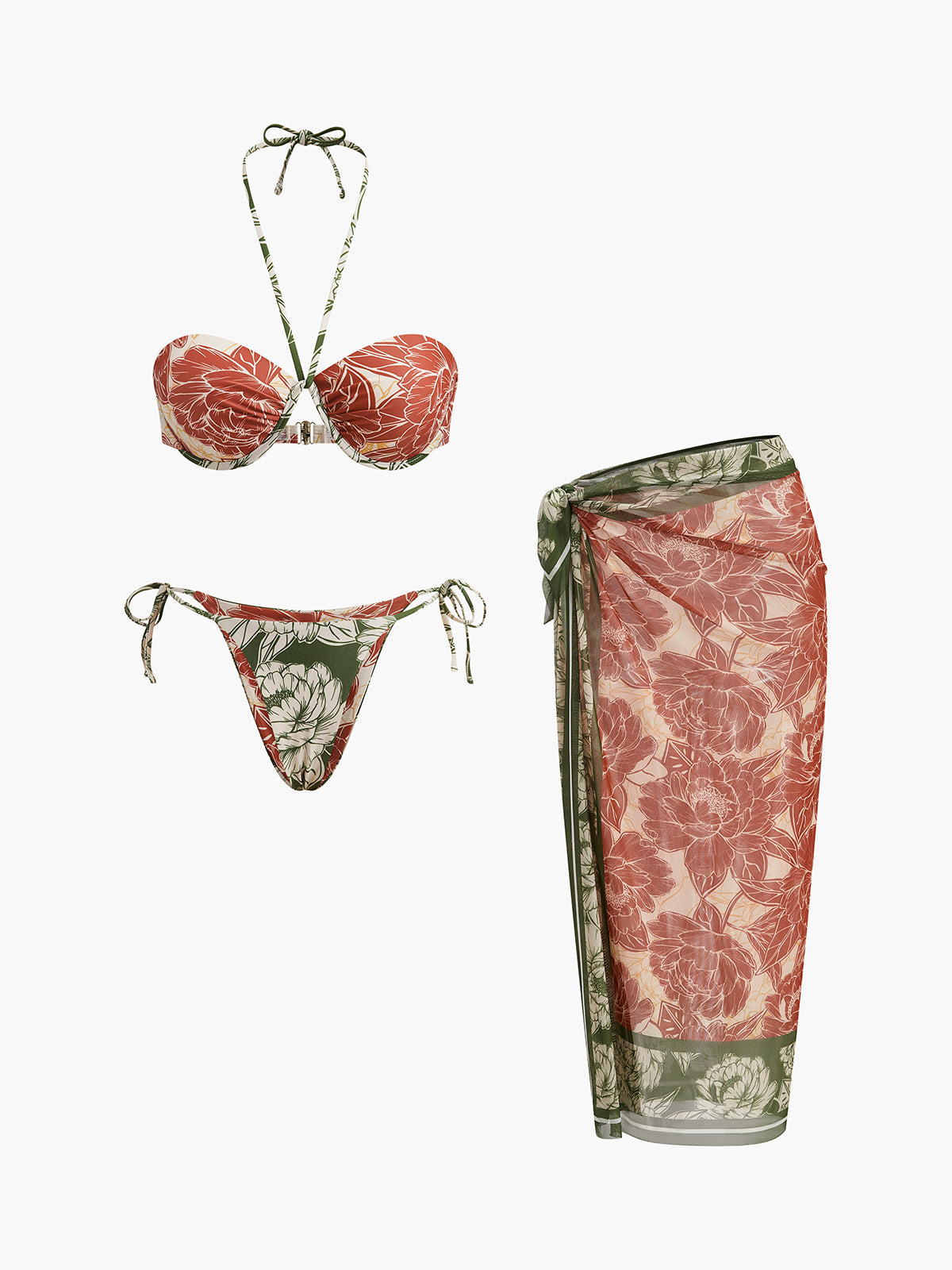 Çiçek Desenli Yan Bağlamalı Bikini ve Mayo Eteği Pareo Takımı