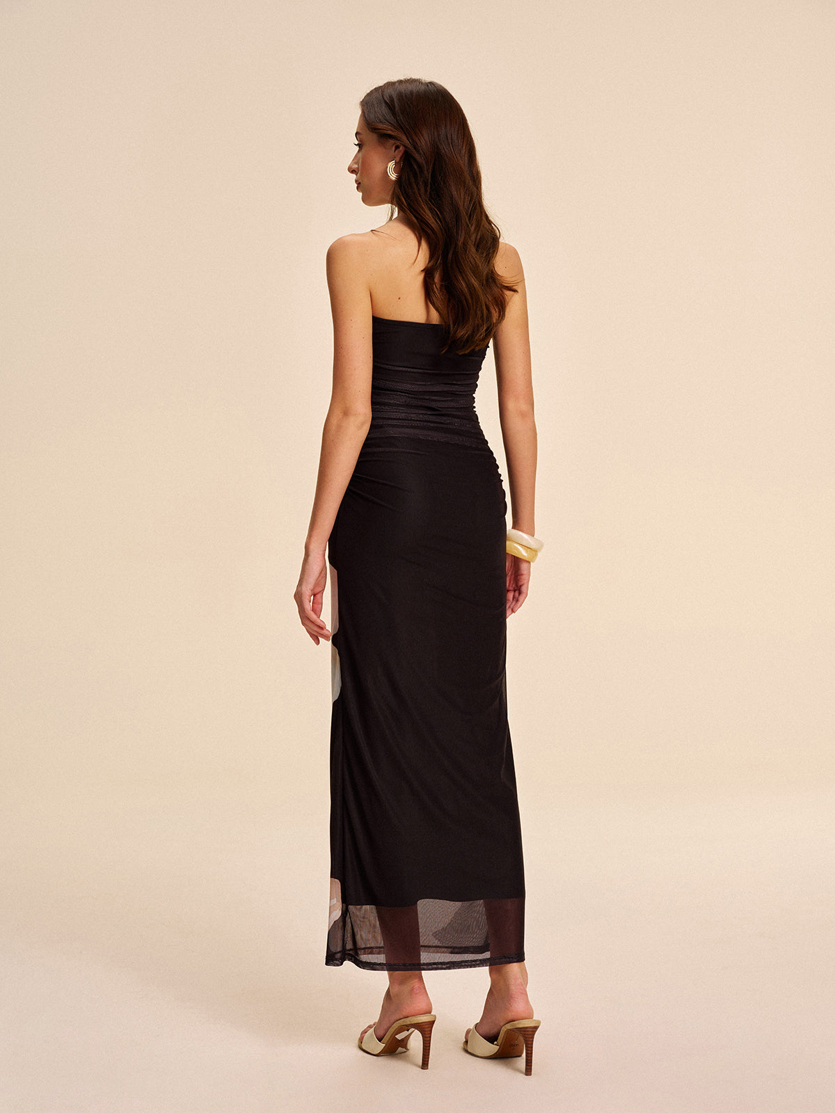 Yarı Şeffaf Askısız Fırfırlı Çiçek Desenli Mesh Elbise