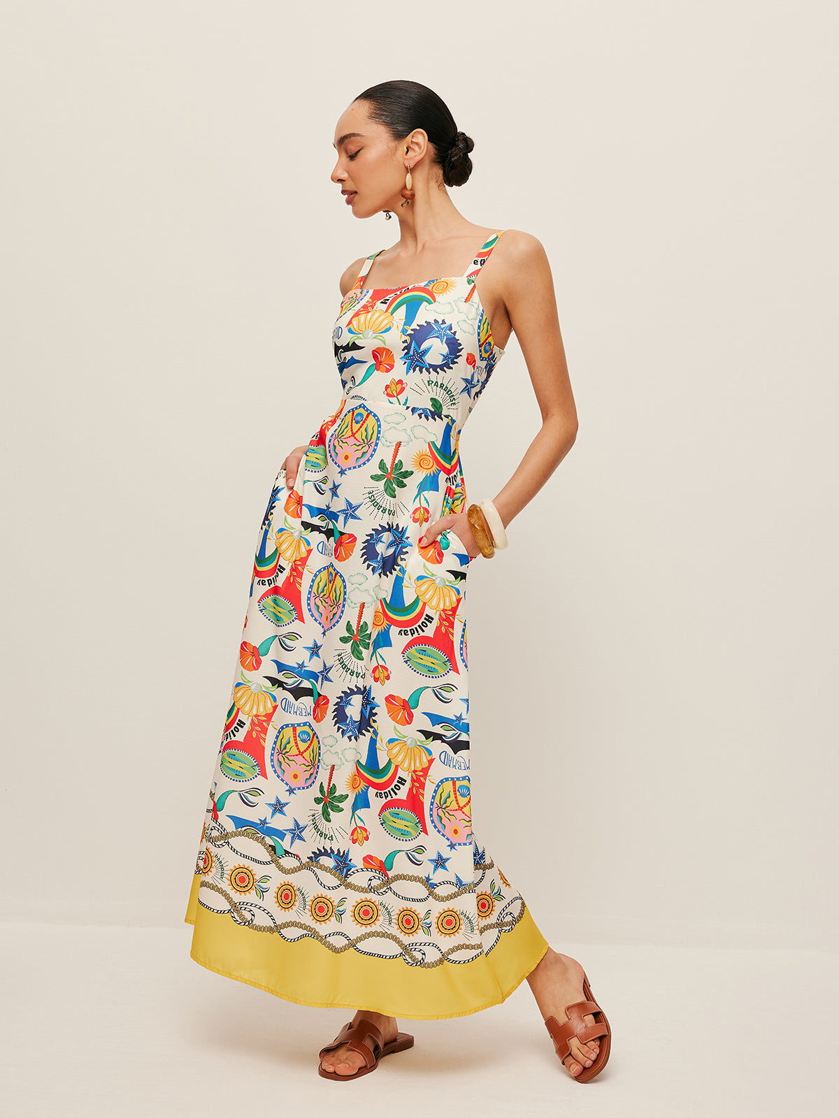 Renkli Desenli Askılı Elbise