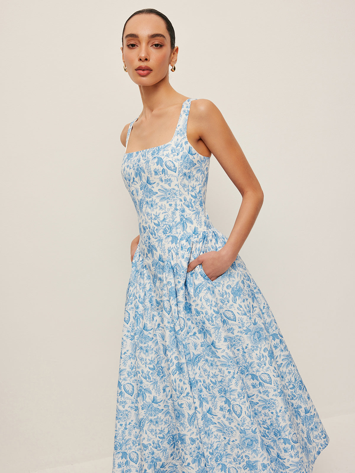 Kare Yaka Desenli Cepli Elbise