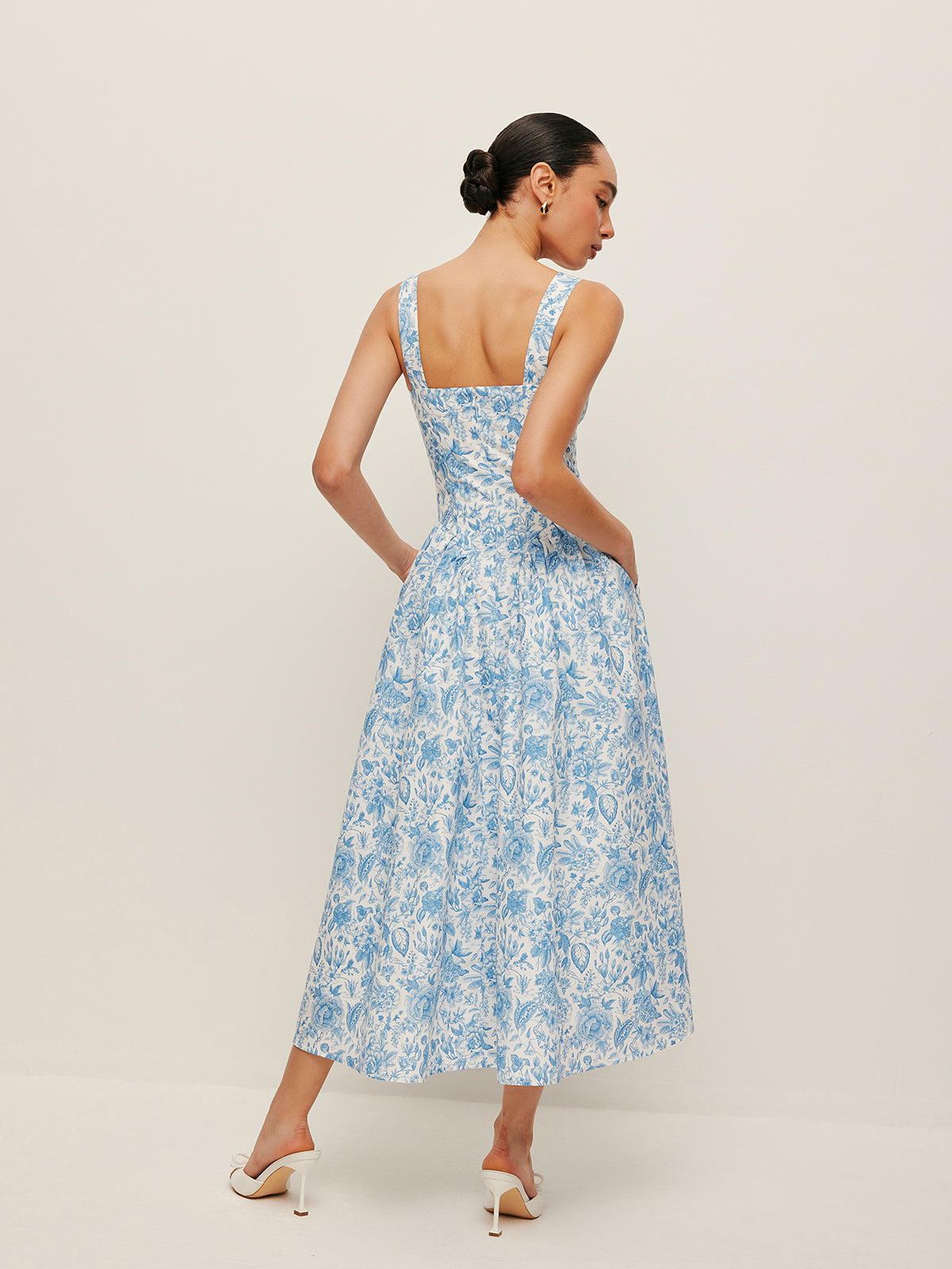 Kare Yaka Desenli Cepli Elbise