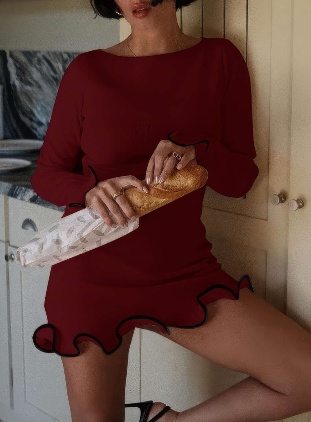 Kontrast Dikiş Detaylı Triko Elbise