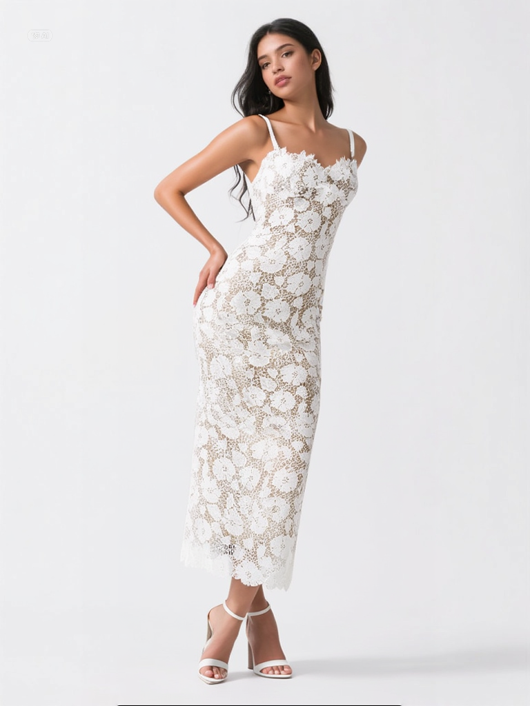 Yarı Şeffaf Çift Katmanlı Dantel Askılı Elbise