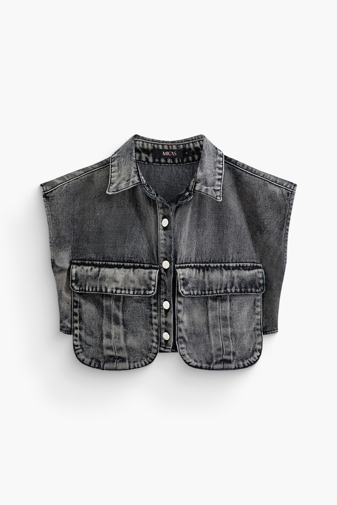 Asimetrik Düğmeli Kapaklı Cep Crop Denim Yelek