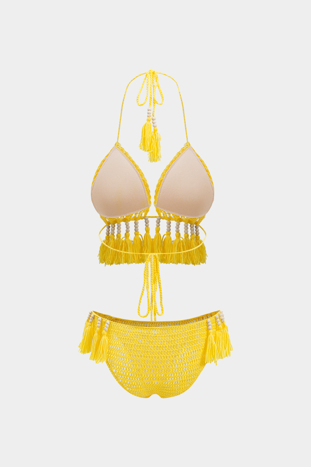 Sırt Açık Tüy ve Boncuk Detaylı Bikini Takımı