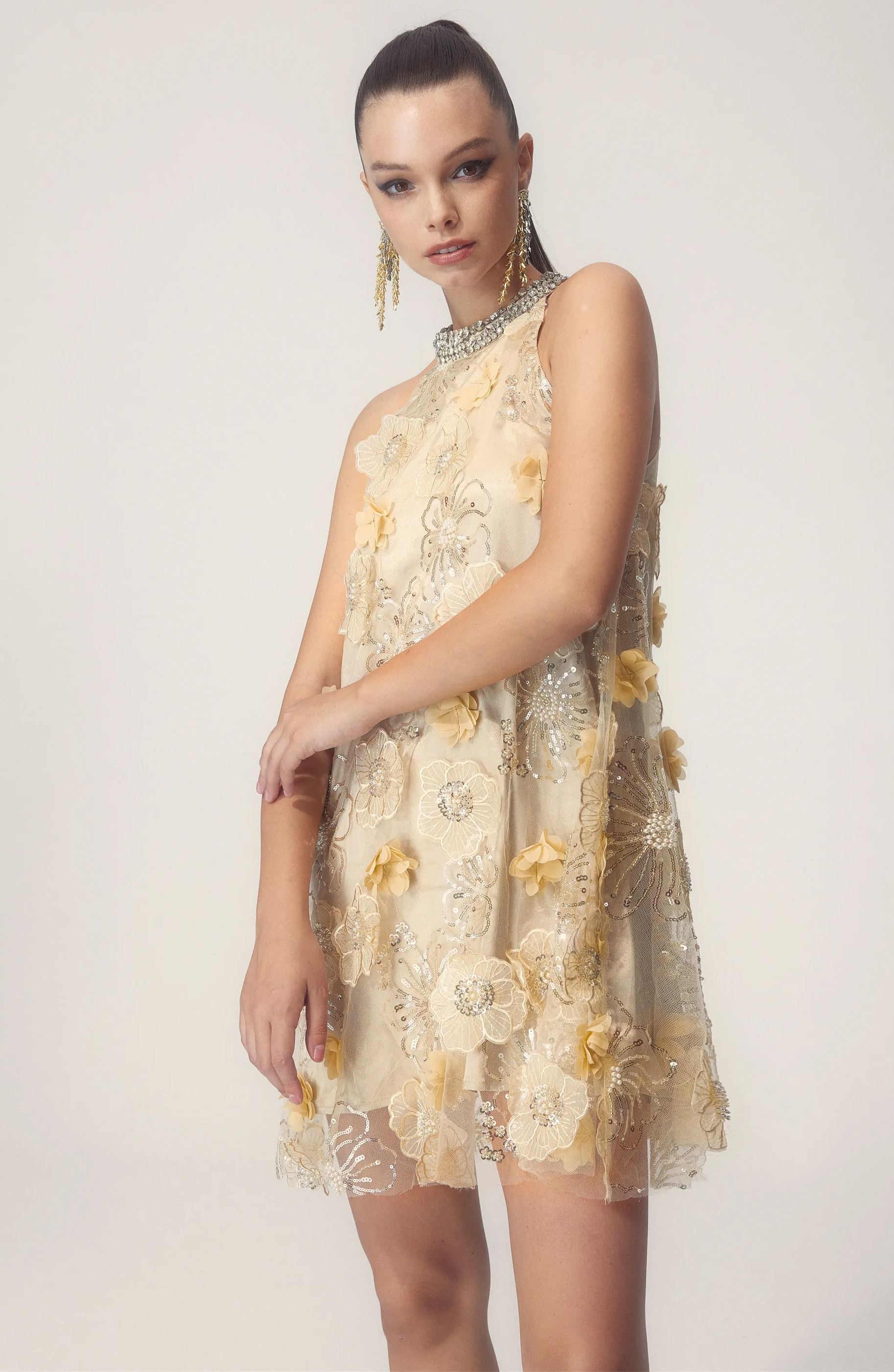 Çiçek İşlemeli Mini Elbise