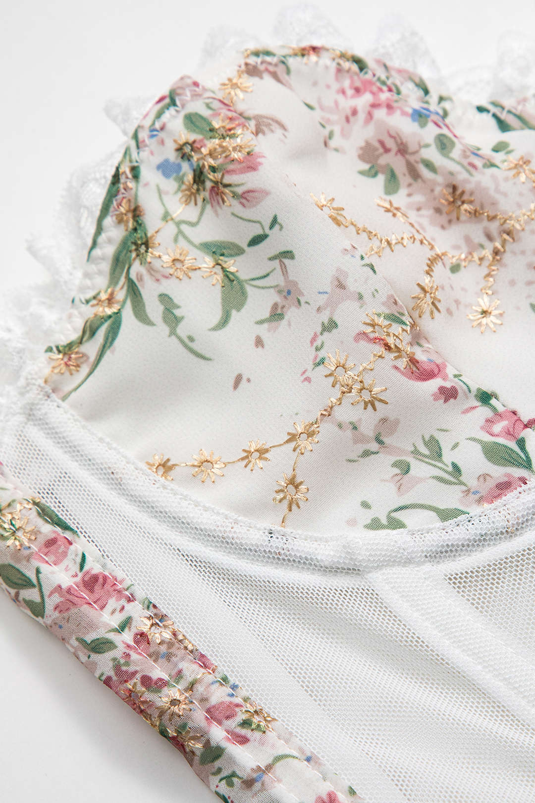 Floral Print Mesh Düğmeli Korse