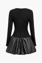 Pu Patchwork Dantelli Kare Yaka Mini Elbise