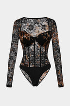 Şeffaf Dantel Korseli Uzun Kollu Bodysuit