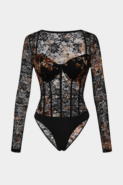 Şeffaf Dantel Korseli Uzun Kollu Bodysuit