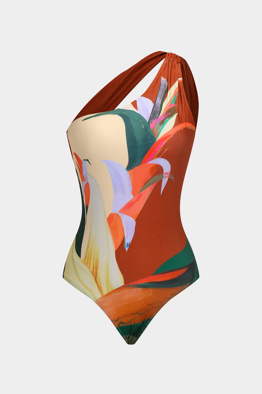 Yaprak Desenli Büzgülü Tek Omuzlu Sırt Dekolteli Karın Toparlayıcı Tek Parça Mayo