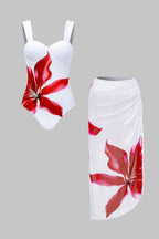 Desenli Büstiyer Karın Toparlayıcı Tek Parça Mayo ve Mayo Eteği Pareo Takımı