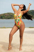 Kontrast Desenli Metal Boncuklu Sırt Dekolteli Bağlamalı Şifon Karın Toparlayıcı Tek Parça Mayo