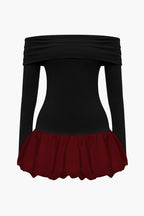 Düşük Omuz Patchwork Mini Elbise