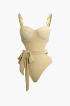 Dokulu Kesik Detaylı Düğme Karın Toparlayıcı Tek Parça Mayo