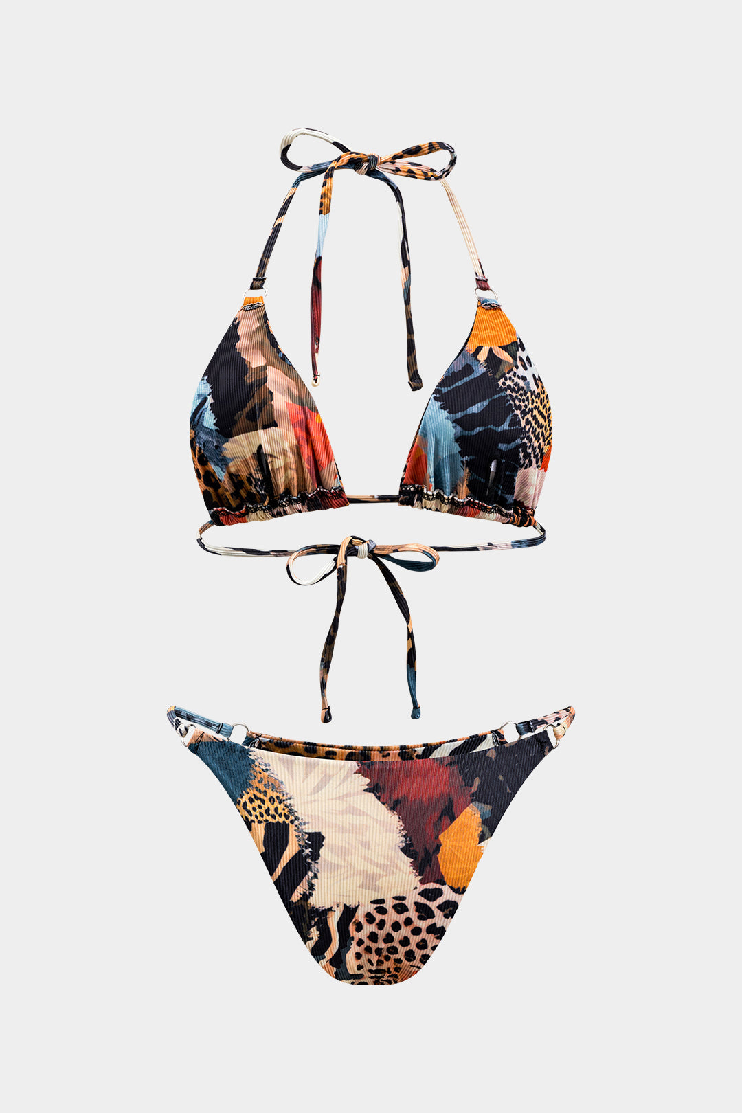 Leopar Desenli Bağcıklı Sırtı Açık Bikini Takımı