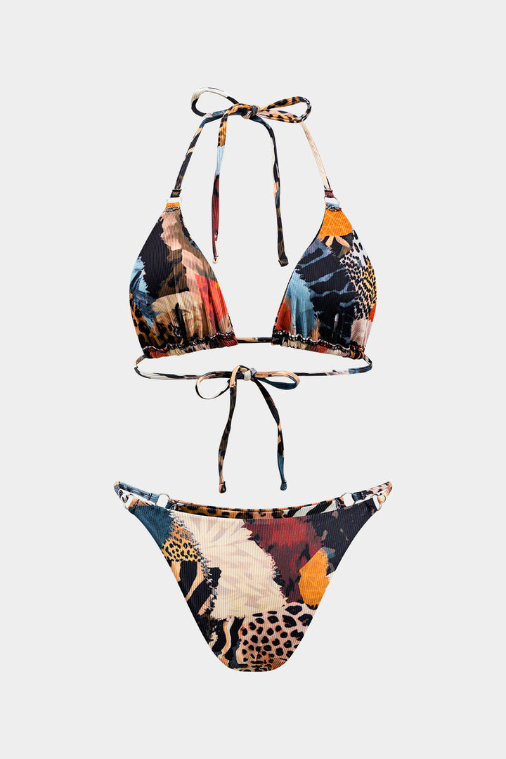 Leopar Desenli Bağcıklı Sırtı Açık Bikini Takımı