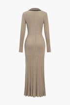 Renk Bloklu Desenli Örgü Düğmeli Metalik Cepli maksi Elbise