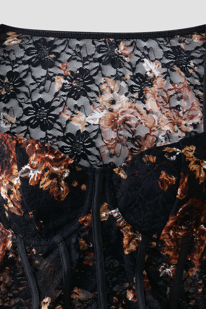 Şeffaf Dantel Korseli Uzun Kollu Bodysuit