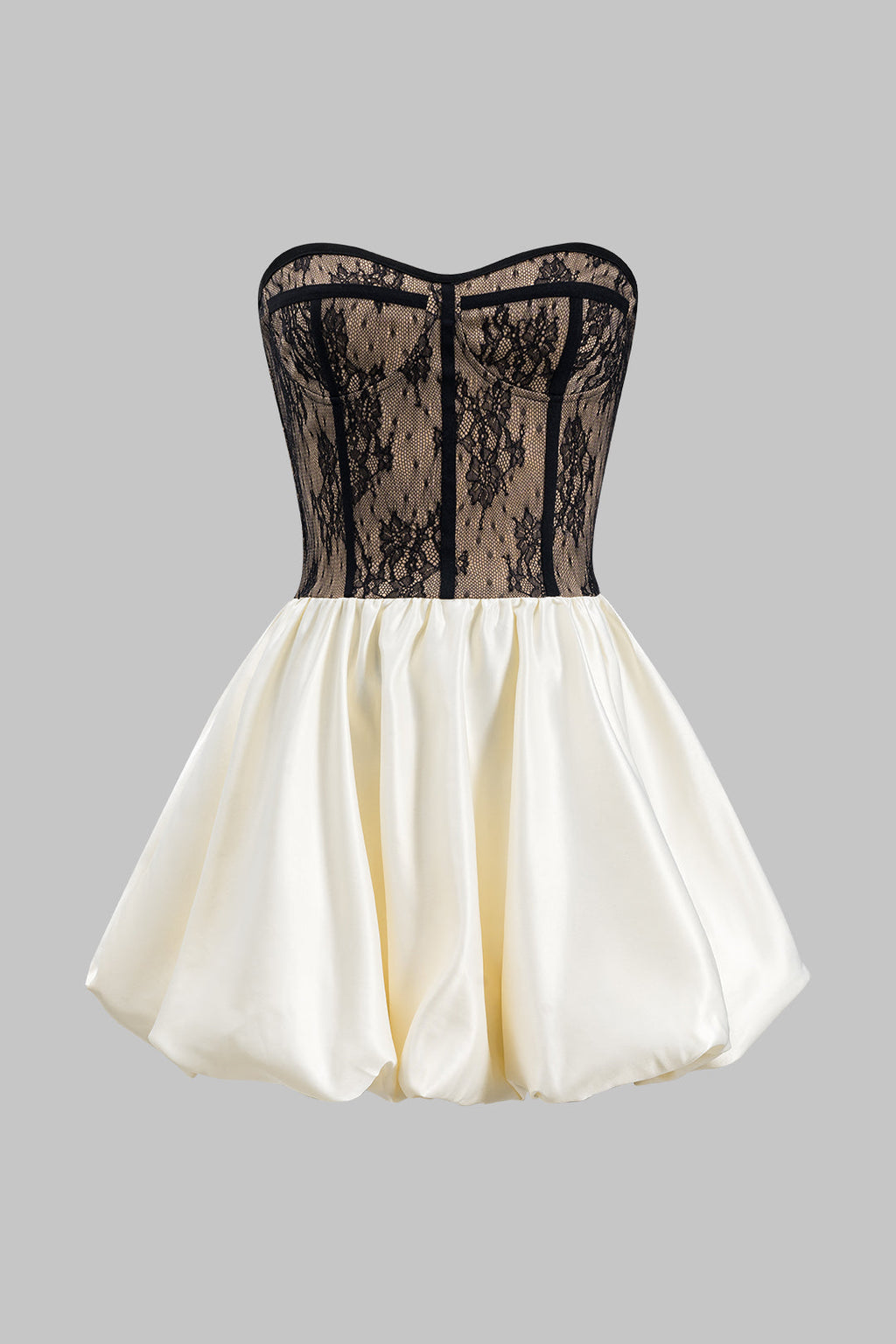 Saten Dantel Pileli Parçalı Bustiyer Korseli Straplez Mini Elbise