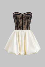 Saten Dantel Pileli Parçalı Bustiyer Korseli Straplez Mini Elbise