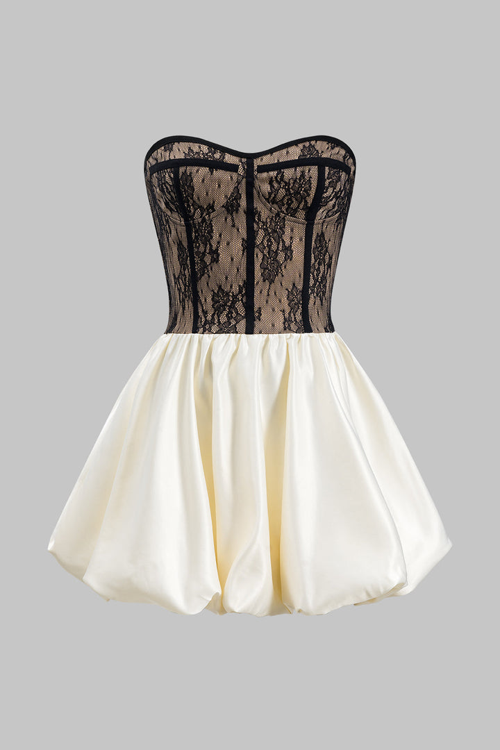 Saten Dantel Pileli Parçalı Bustiyer Korseli Straplez Mini Elbise