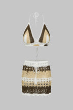 Kontrast Örgü Hollow-Out Bağcıklı Atlet ve Mayo Eteği Pareo Takım