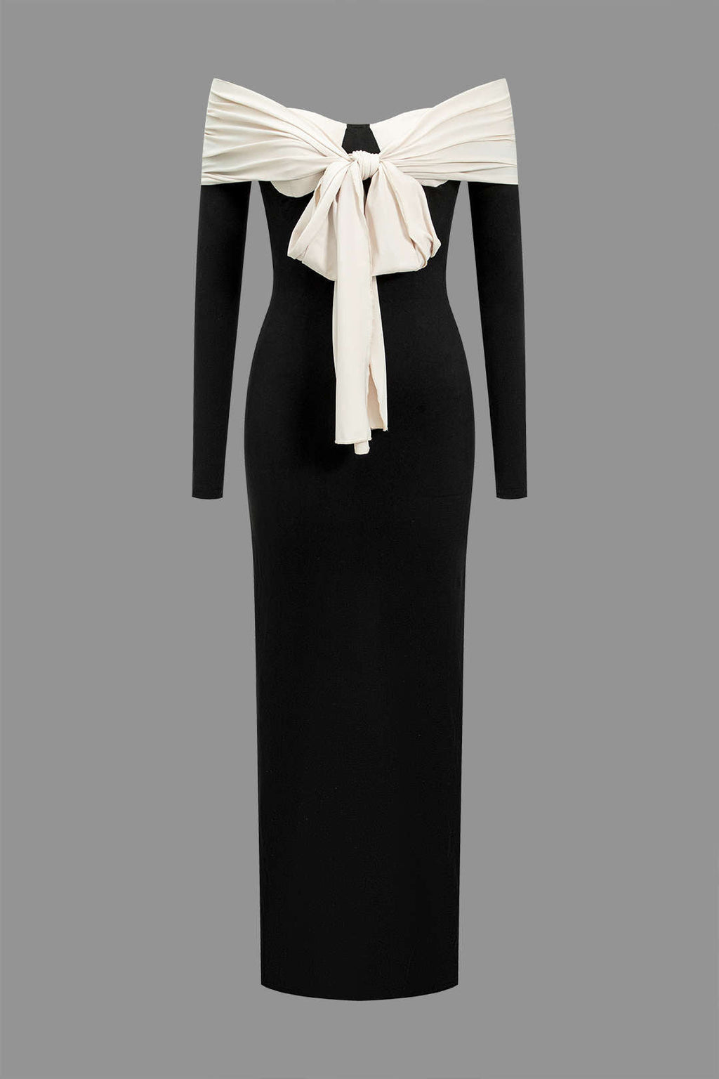 Kontrast Fiyonklu Uzun Kollu Midi Elbise