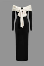 Kontrast Fiyonklu Uzun Kollu Midi Elbise