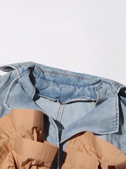 Pileli Volanlı Denim Uzun Kollu bağcıklı Ceket