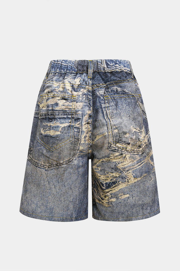 Denim Baskılı Şort
