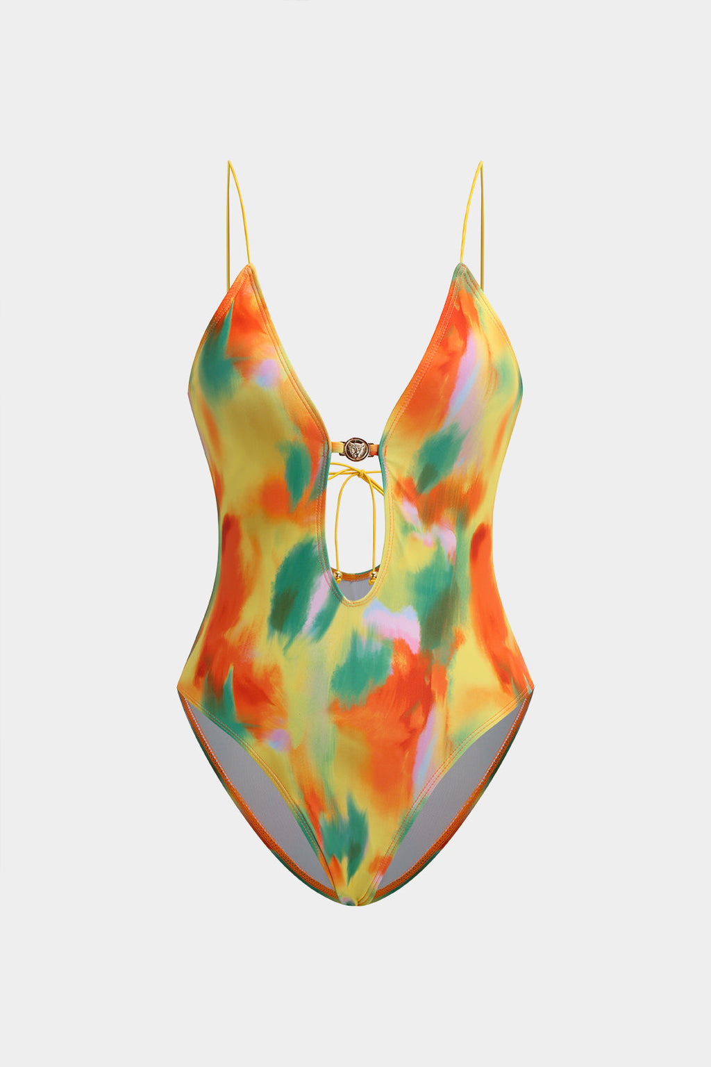 Kontrast Desenli Metal Boncuklu Sırt Dekolteli Bağlamalı Şifon Karın Toparlayıcı Tek Parça Mayo