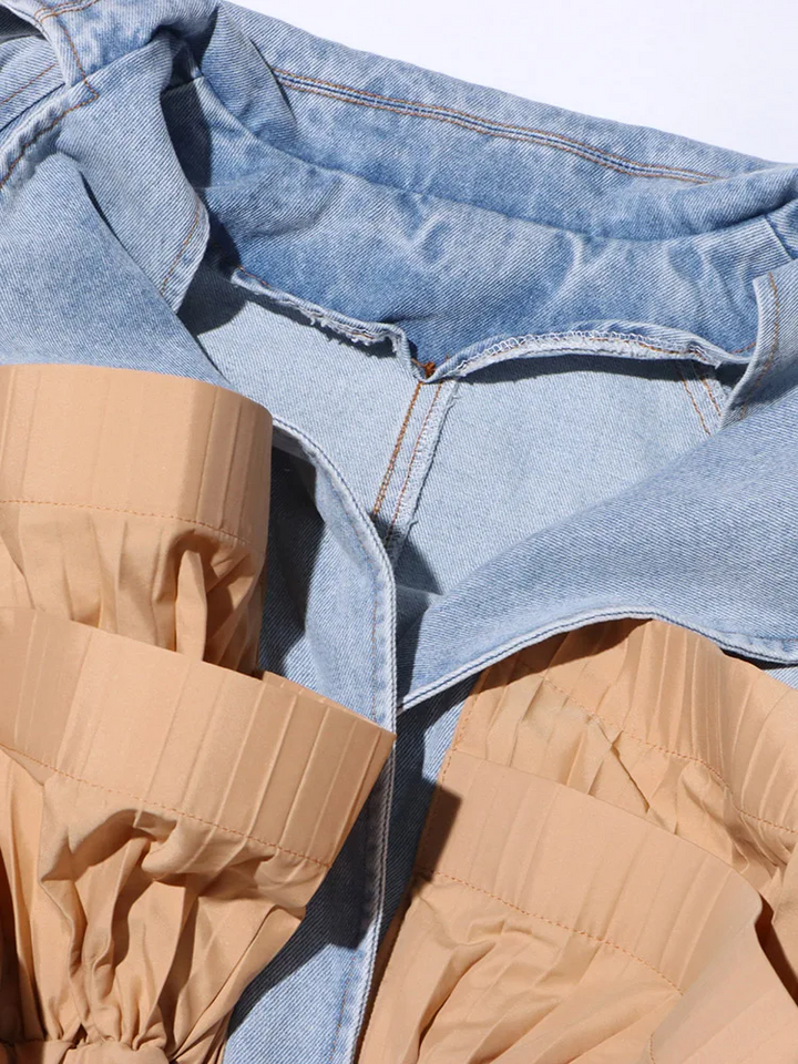 Pileli Volanlı Denim Uzun Kollu bağcıklı Ceket