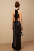 Ginevra Siyah Halter Yaka Sahte İnci Detaylı Saten Maxi Elbise