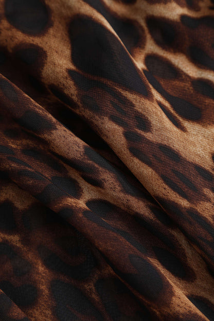 Büyük Beden Leopar Desenli Drapeli Dekolteli Yaka Slip Midi Elbise
